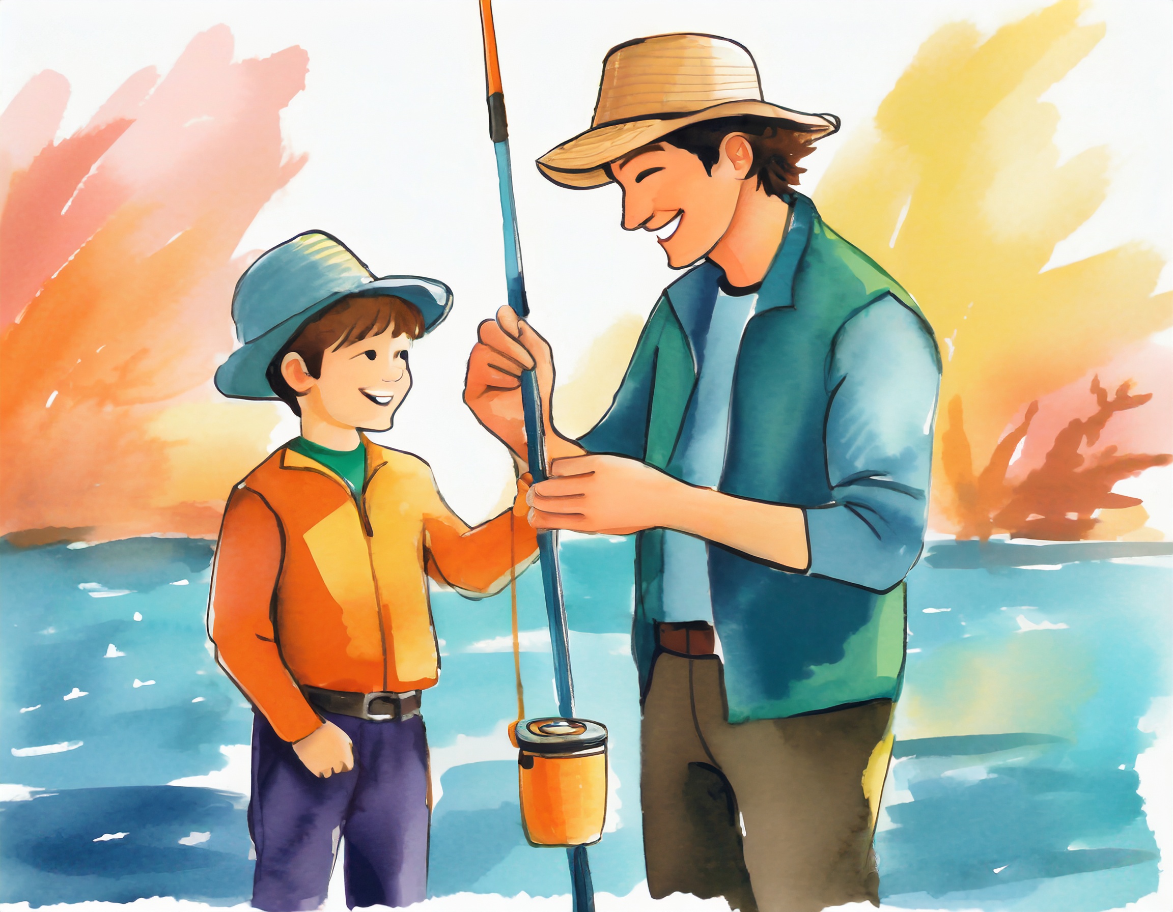 a painting of a man teaching a young boy how to fish with his rod and reel